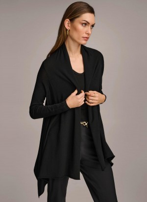 Sweaters and Tops Donna Karan Long Sleeve Drape Cardigan Negrii | RO_DK99879