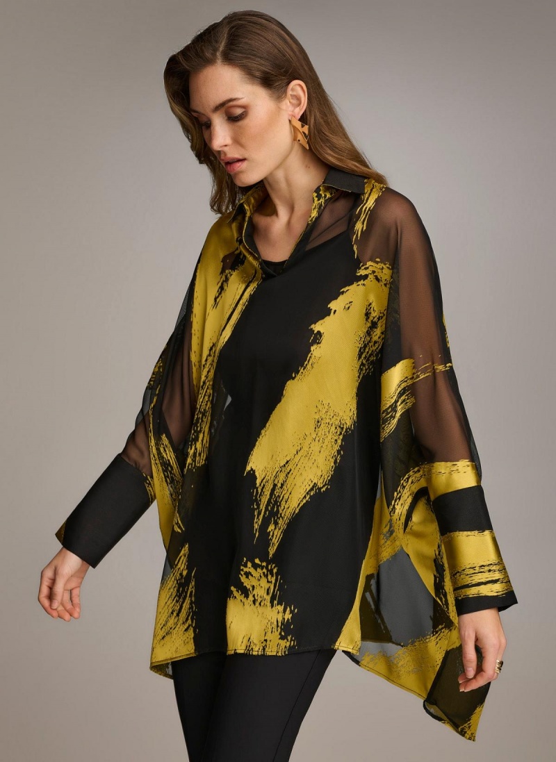 Sweaters and Tops Donna Karan Print Collared Tunic Negrii | RO_DK99268