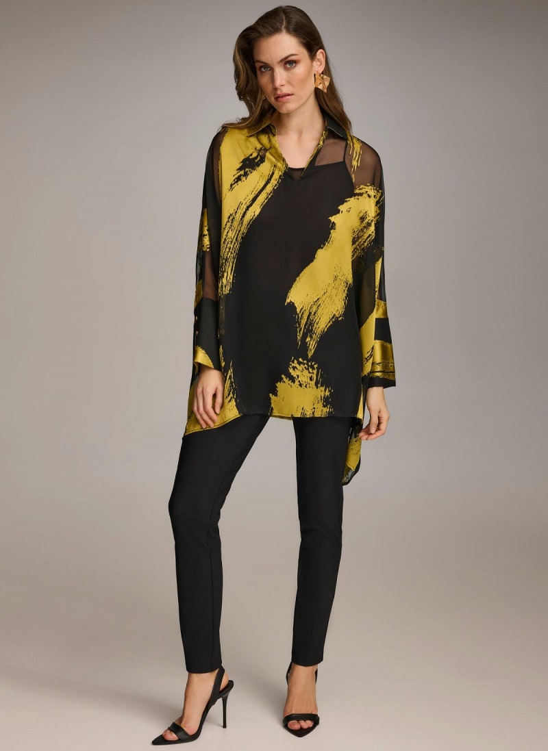 Sweaters and Tops Donna Karan Print Collared Tunic Negrii | RO_DK99268