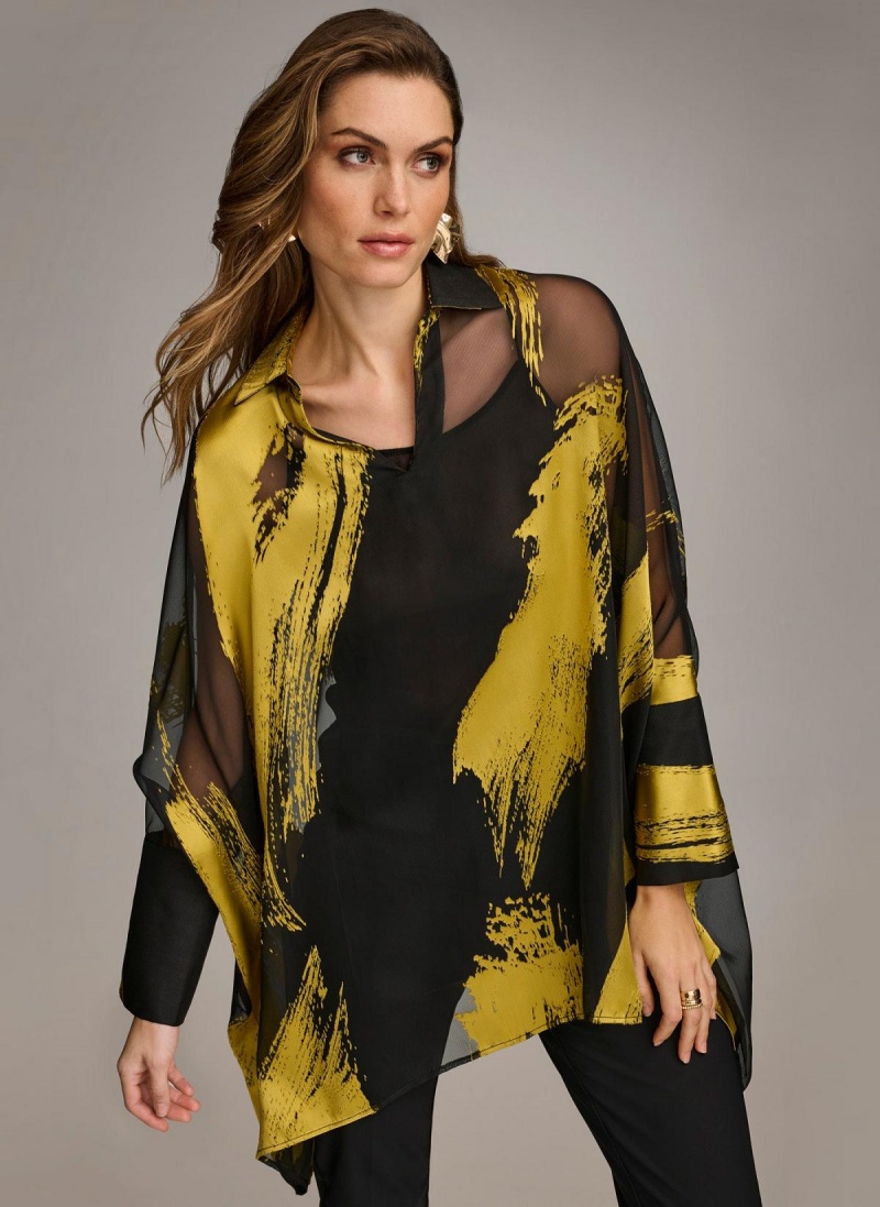 Sweaters and Tops Donna Karan Print Collared Tunic Negrii | RO_DK99268